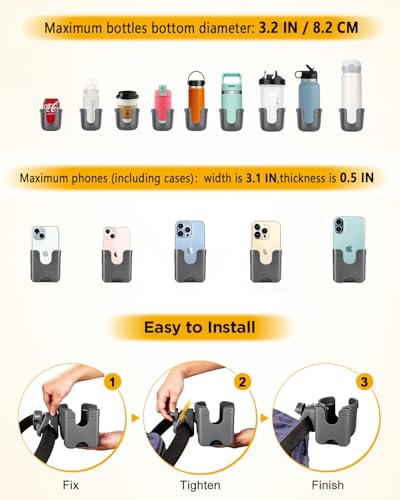 Universal Stroller Cup Holder with Mobile Phone Case, 2-in-1 Strollers Storage Rack, 360 Degrees Rotation Drink Holder for Bike, Pushchair, Wheelchair, Walker,Bicycle, Fits Most Cups (Gray) - color: GRAY