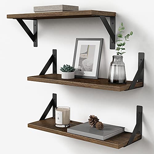Forbena Rustic Floating Book Shelves for Wall Set of 3, 17 Inch Wood Wall Bookshelf for Bedroom, Wooden Wall Mounted Hanging Shelf for Office Living Room Bathroom Decor Pictures Books (Dark Brown) - color: Rustic Brown, size: 17 x 6 Inch