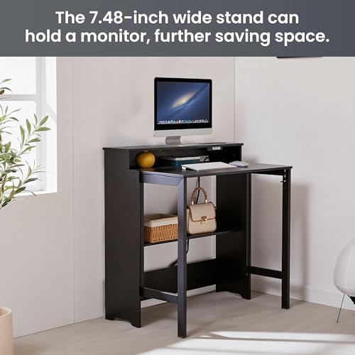 Folding Desk with Charging Station,Fold Out Desk with Monitor Stand,Storage Shelf,Small Foldable Computer Desk for Compact Home Office Spaces (Black) - color: Black