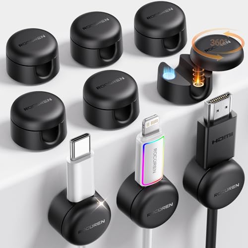 9-Pack Cable Clips [Upgraded],Rocoren Magnetic 360° Rotatable Cord Holder, Adhesive Cable Management Organizer,Wire Keeper for Nightstand Desk Car Phone Wall Home Office Accessories - color: Black