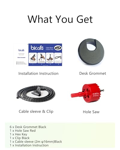 6 Pack Desk Grommet 2 Inch (50 mm) Bi-Metal Hole Saw Kit | with Cord Wrap Coiled Tube Management,2 m Cable Sleeve Organizer with Table Hole Cover