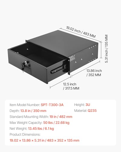 VEVOR 3U Rack Drawer, Lockable Server Cabinet Case, 13.8'' Depth Server Rack Mount Drawer, for 19'' Network Equipment/DJ/AV Rack or Cabinet Enclosure, 50 lbs Max Load, with Cable Management Holes - size: 3U