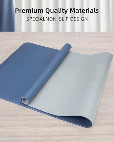 Leather Desk Pad Protector- 48" x 17" Office Desk Mat, Non-Slip PU Leather Mouse Pad, Waterproof Desk Blotter Mat, Desk Cover for Office and Home (Grey Blue) - color: Grey Blue, size: 48" x 17"