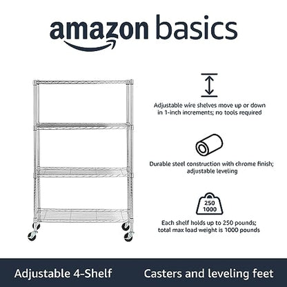Amazon Basics 4-Shelf Adjustable Heavy Duty Storage Shelving Unit with Wheels, No-Tool Easy Assembly, Garage Shelving, Metal Wire Rack with Casters and Leveling Feet, 36" x 14" x 57.8", Chrome - color: Chrome, size: 36" L x 14" W x 57.75" H, style: 4 -She