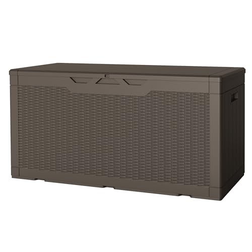 JUMMICO 100 Gallon Resin Deck Box, Waterproof Outdoor Storage Box with Lockable Lid for Garden Tools, Patio Cushions (Brown) - color: Brown, size: 100 gallon