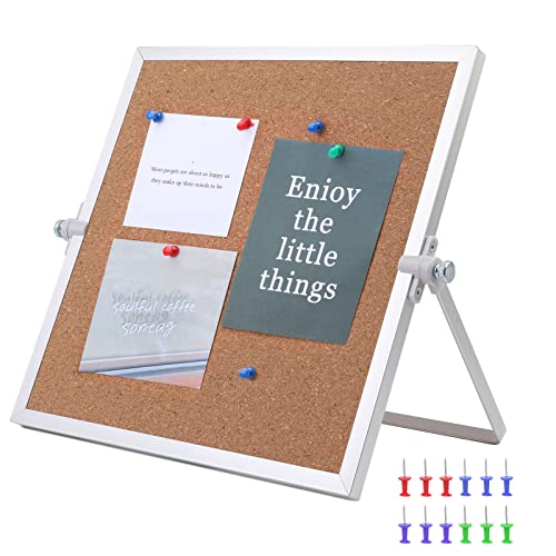 9.8"×9.8" Cork Board Bulletin Board, Double Sided Pin Board with Silver Aluminum Border, Desktop Small Cork Board with Stand Suitable for Home, Office, Desk Message Board or Picture Board - size: 9.8"×9.8"