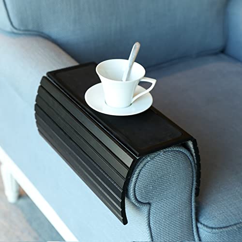 GEHE Couch Arm Tray Table, Flexible/Foldable Sofa Armrest Tray, Couch Armrest Table Cup Holder Great for Drinks Snacks Remote Control, Portable Side Table and Anti-Slip Bottom - color: Black