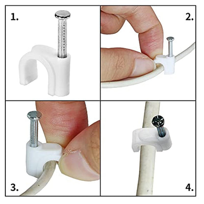 Bonsicoky 100Pcs Nail Cable Clips with Steel Nail, 6mm White Cable Wire Management Clips for Ethernet Cable, Telephone Cable, TV Wire Cable, Print Cable