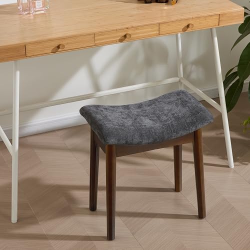 Royal Windsor Vanity Stool with Saddle Cushion, 18 Inch Makeup Vanity Chair for Living Room, Modern Foot Stool Ottoman Piano Bench,Small Upholstered Bench for Bedroom, Dark Grey - color: 10.2"d Dark Grey+walnut