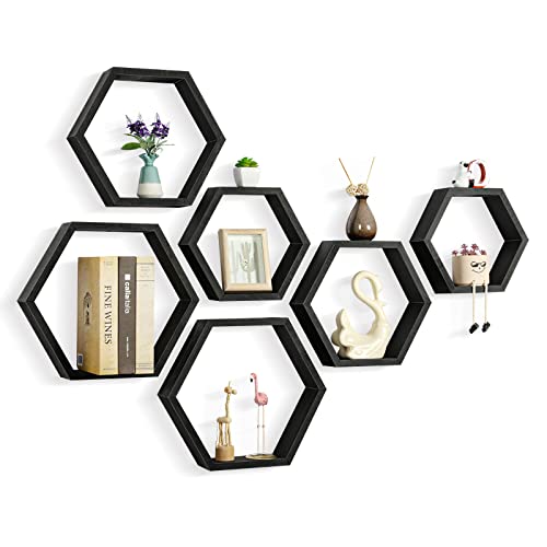 CADUKE Hexagonal Floating Shelves Set of 6 Hexagon Sheves Wall Mount Wood Storage Honeycomb Shelf Farmhouse Wall Decor Shelves for Bedroom Living Room, Black - color: Black 6 Pack, size: 6 Pack