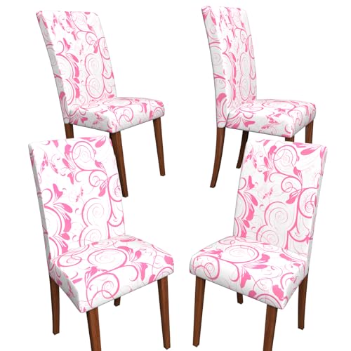 Stretch Dining Chair Covers Set of 4,Floral Print Chair Covers,Soft Removable Washable,Pet Friendly Furniture Protector,Universal Chair Slipcovers for Home, Kitchen,Ceremony Dining Room Seat - color: Pink Scroll Floral, size: 4PCS
