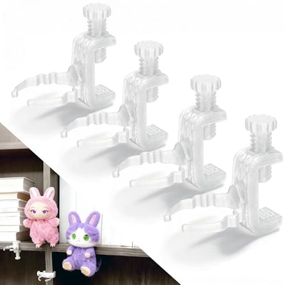 Doll Stand for Cabinet Edge White 4Pack | Neck grip design fits 3-7" Labubu blind box figures, adjustable clamp suits panels 0.3-1.02" thick - color: White