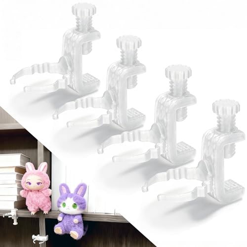 Doll Stand for Cabinet Edge White 4Pack | Neck grip design fits 3-7" Labubu blind box figures, adjustable clamp suits panels 0.3-1.02" thick - color: White