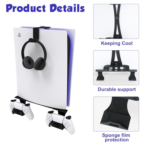 ZHSX Wall Mount for Ps5 Models,Ps5 Shelf Playstation Wall Mount Compatible with Ps5、Ps5 Pro and Ps5 Slim Disc Adjustable Length and Width Holds Two Controllers