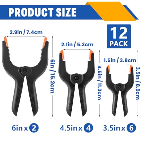12 Pack Plastic Spring Clamps Set, 3 Sizes of Spring Clips 3.5 Inch, 4.5 Inch, 6 Inch Set, Black Heavy Duty Clips, Backdrop Clips, Woodworking Clamps, Plastic Clamps for Woodworking,Photography - size: 3.5in,4.5in,6in-12P
