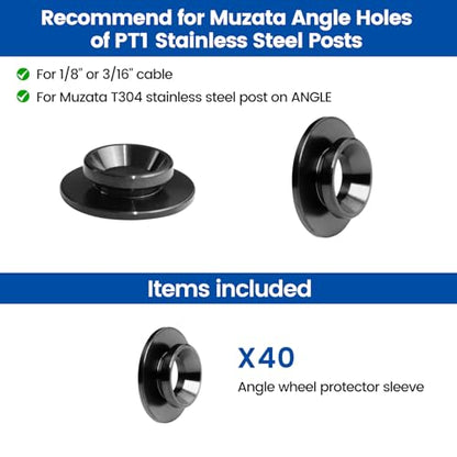 Muzata 40 Pack 1/8" 30 Degree Angle Wheel Black Cable Railing Grommets ONLY for Angle 1/8" 5/32" 3/16" Wire Rope T316 Stainless Steel Protector Sleeves Deck Cable Railing Hardware Kit Metal Posts CR79 - size: 40P, style: Black For Stairs
