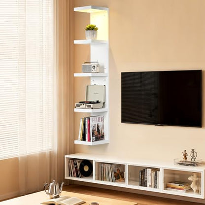LinTimes 5-Tier LED Wall Shelf with Remote Control, White Floating Shelves Unit, Wall Mounted Display Storage - size: 5 Tier