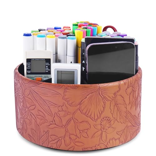 Remote Control Holder, 360°Spinning PU Leather Desk TV Remote Caddy,Desk Storage Box Room Accessories for Controller, Media,Mail,Calculator, Mobile Phone,Pencil(1-Carved Brown) - color: 1-Big Carved Brown