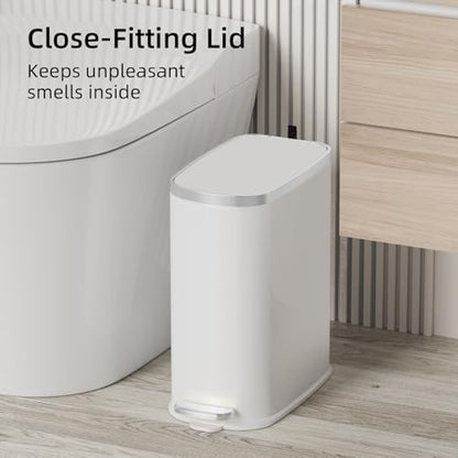 KUK Slim Bathroom Trash Can with Lid Soft Close, Step Pedal, 2.6 Gal/ 10L Stainless Steel Garbage Can with Removable Inner Bucket, Anti-Fingerprint Wastebasket for Office, Bedroom, Toilet (White) - color: Matt White-P2