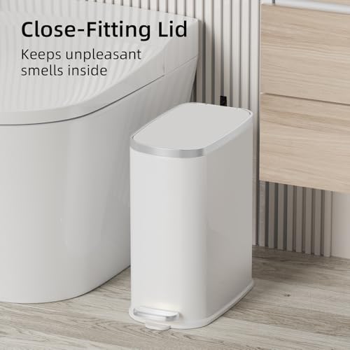 KUK Slim Bathroom Trash Can with Lid Soft Close, Step Pedal, 2.6 Gal/ 10L Stainless Steel Garbage Can with Removable Inner Bucket, Anti-Fingerprint Wastebasket for Office, Bedroom, Toilet (White) - color: Matt White-P2