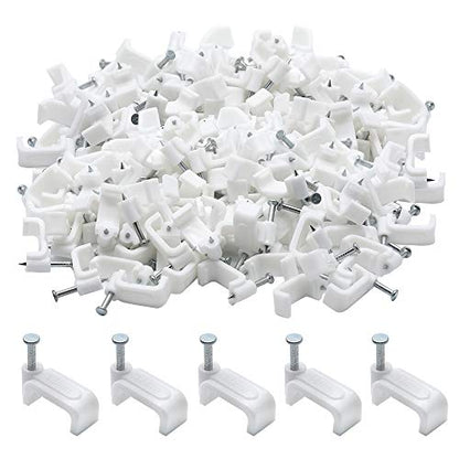 200pcs 14mm Flat Ethernet Cable Wire Clips Single Coaxial Cable Clamps with Nail for Cable Management(White) - color: White, size: 0.55“/14mm,200pcs