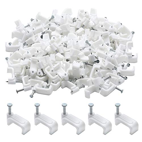 200pcs 14mm Flat Ethernet Cable Wire Clips Single Coaxial Cable Clamps with Nail for Cable Management(White) - color: White, size: 0.55“/14mm,200pcs