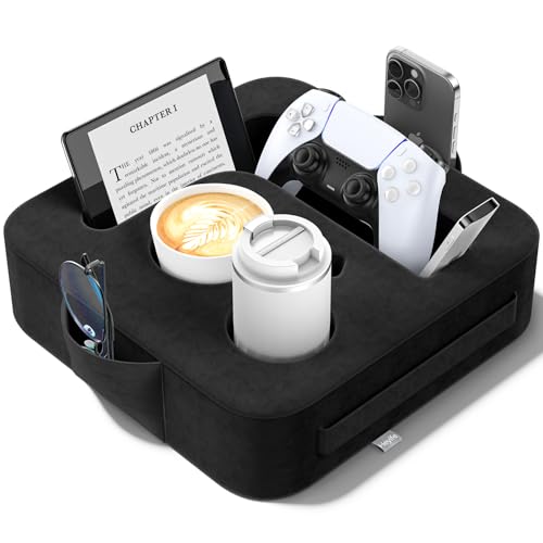 Couch Cup Holder Pillow, Sofa and Bed Organizer Caddy for iPad, Kindle, Switch, Game Controller, Remotes, Phones, Small-Sized Cup & Drink Holder for Couch, Bed, Desk, Car, Beach, Desk, Black - color: Black, size: S-12"×12"×3.2"