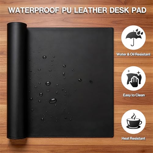 POCHAR Vegan Leather Desk Mat 31" x 16" - Desk Pad Protector for Desktop | Non-Slip PU Leather Dual-Sided Office Desk Blotter for Laptop Mouse Keyboard - Waterproof Writing Signing Pad, Black - color: Black