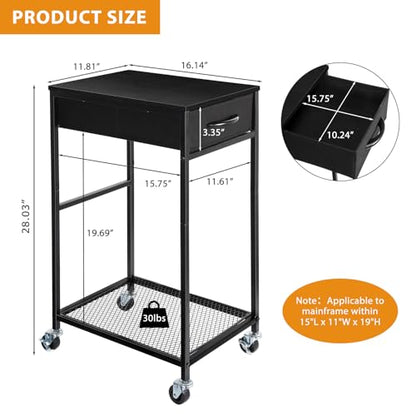 YBING PC Stand 2 Tier Computer Tower Stand with Drawer Mobile Computer Cart with Storage Metal CPU Holder on Wheels Pc Tower Stand Black Rolling Computer Tower Stand Floor for Office
