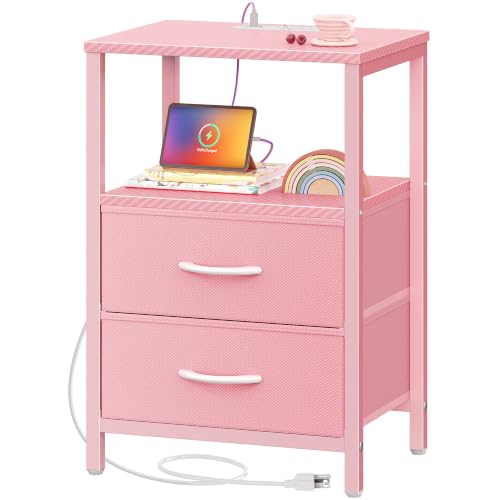 Huuger Nightstand with Charging Station, Side Table with Fabric Drawers, End Table with Open Shelf, Bedside Table with USB Ports and Outlets, Night Stand for Bedroom, Pink - color: Pink, size: 11.8"d X 15.7"w X 23.6"h (2 Drawers)