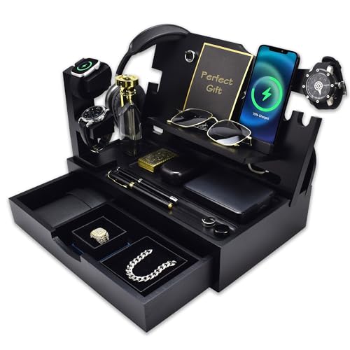 Nightstand Organizer for Men with Large Drawer, Wood Phone Docking Station for Phone, Apple Watch, Wallet & Keys, Ideal Birthday Gift for Father Husband Wife, Bedside Desk Organizer (Black) - color: Black