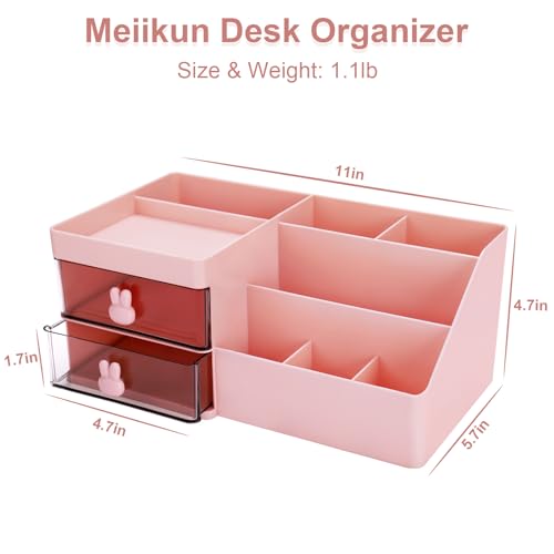 Meiikun Desk Organizer, Makeup Organizer with 2 Drawers, 7 Compartment & a Top Tray, Desktop Organizers and Storage for Women, Cute Home organization Bathroom, 11" x 5.7" x 4.7" (Pink) - color: 8 Compartments + 2 Drawer (Pink)