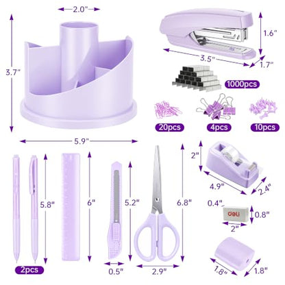 deli Office Supplies Set, Purple Desk Accessory Organizer Kit, Stapler Set, Rotating Multi-Functional Pen Holder, Tape Dispenser, Pens, Binder Clips, Sharpener, Scissor, Eraser, Purple Office Supplies - color: Purple