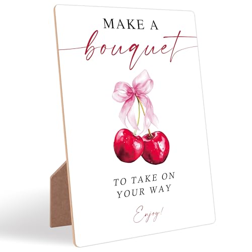 Cherry Wedding Signs for Reception, Pink Bow Make A Bouquet Sign, Berry Wooden Wedding Signs with Stand, Pink Bow Theme Bridal Shower Decorations, Bridal Shower Party Supplies for Reception, 02 - color: Cheery02