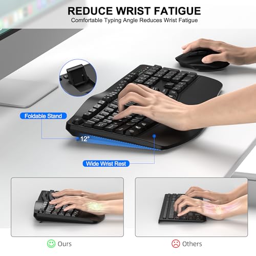 Wireless Keyboard and Mouse Combo, 2.4G Full Size Wave Keys Ergonomic Keyboard with Wrist Rest and 3-Level DPI Adjustable Wireless Ergonomic Mouse for Windows, Mac OS Desktop/Laptop/PC(Black) - color: Black