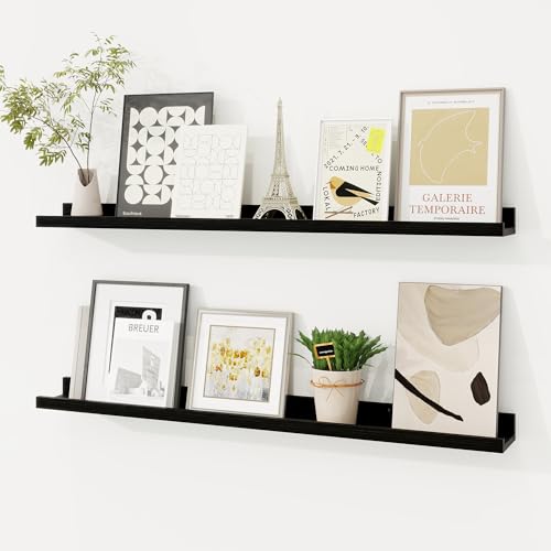 Picture Ledge Shelf, Floating Shelves Set of 2, 32 Inches Solid Wood Nursery Book Shelves for Toys Storage, Kids Bookshelf Wall Mounted for Living Room Bedroom Decor Books Photo Frames, Black - color: Solid Pine Wood Black Finish, size: 32in