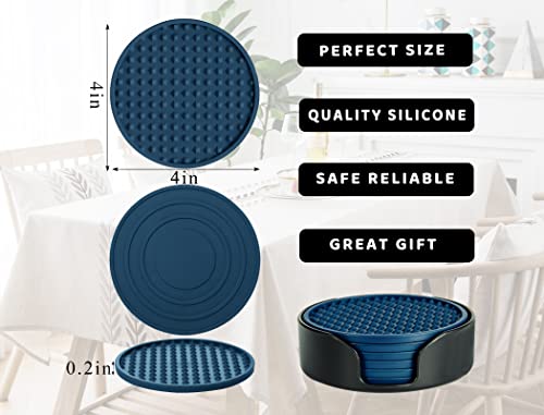 Coasters for Drinks 6 Pcs Drink Coaster with Holder,Heat Resistant Silicone Cup Mat Tabletop Protection,Non-Slip Rubber Coasters for Kinds of Cups (Blue) - color: Blue-plastic Holder