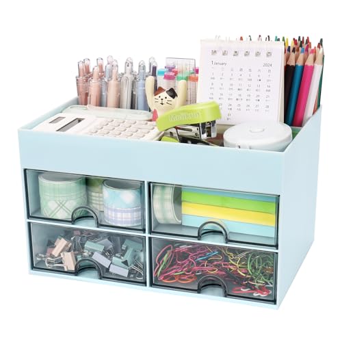 Meiikun Desk Organizer, Office Organizer with Drawer, Desk Accessories & Workspace Organizers, Pen Holder Office Supplies for Desk (4 Drawers+4 Compartments, Blue) - color: 4 Compartments + 4 Drawer (Blue)