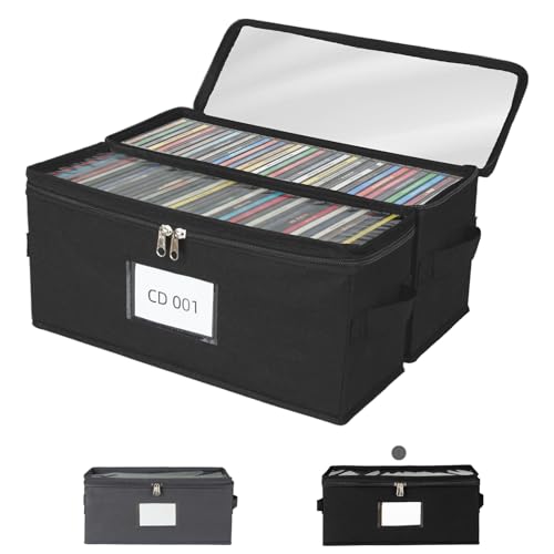 2 Pack Fabric CD Storage Box with Clear PVC Lid, Holds 35 Standard CD Cases, Zipper Closure for Dust Protection, Portable CD Organizer for Music Collection, Black - color: Black, size: Standard-2 Pack