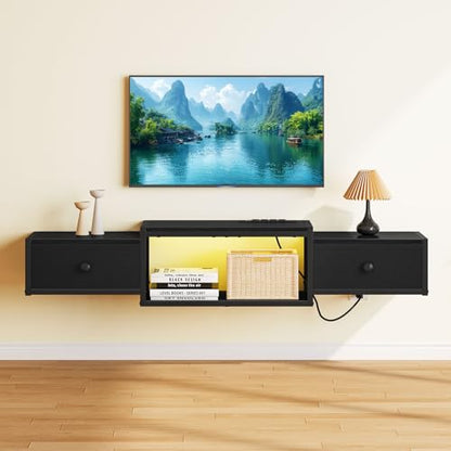 Snughome Floating TV Stand Wall Mounted with Power Outlet 55", Floating Entertainment Center with LED Lights, Floating TV Shelf with Drawer, Wall Mounted Media Console Shelf for Living Room, Bedroom - color: Black, size: 55.12" x 11.02" x 6.5"