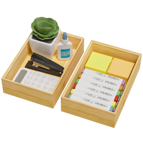 Kitchen Drawer Organizer Bins, Stackable Bamboo Drawer Organizer for Silverware, Flatware, Deep Office Desk Drawer Organizer Tray, Desktop Pen, Office Organization 9" x 6" x 2.5" (Set of 2) - color: Bamboo, size: 9 x 6 x 2.5 Inch