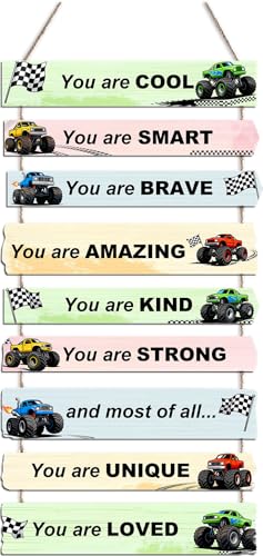 Truck Racing Car Boys Room Decor, Inspirational Motivational Quote Wall Decor for Son's Bedroom, Construction Truck Wooden Hanging Sign, Car Decoration for Bedroom, Living Room, Men, Wome - color: Car 01