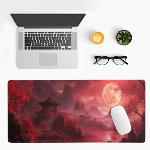 Red Landscape Mouse Pad 31.5x11.8 Inch Red Full Desk Japanese Mousepad Extended Large Non-Slip Rubber Base Waterproof Big Keyboard Mat with Stitched Edges for Gaming and Office - color: Red Landscape