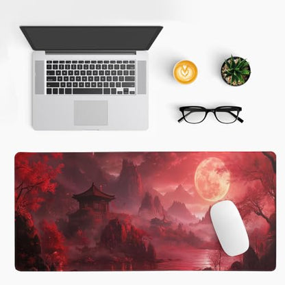 Red Landscape Mouse Pad 31.5x11.8 Inch Red Full Desk Japanese Mousepad Extended Large Non-Slip Rubber Base Waterproof Big Keyboard Mat with Stitched Edges for Gaming and Office - color: Red Landscape