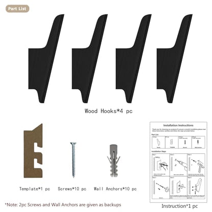 Wood Wall Hooks 4 Pack Coat Hooks Wall Mount Black Wooden Hooks for Hanging Hat, Bag, Backpack, Rustic Coat Hooks for Wall, Wood Towel Hooks for Bathrooms and Entryway Hooks (Black) - color: Black