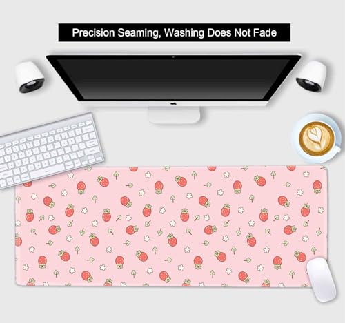 Pink Cute Desk Mat, Strawberries Mouse Pad XL, Aesthetic Hearts Desk Pad, Pastel Kawaii Deskmat, Laptop Office Gaming Computer Home Mice Mat Mousepad Stylish Office Gift, 31.5 X 11.8 Inch - color: Pastel Strawberry