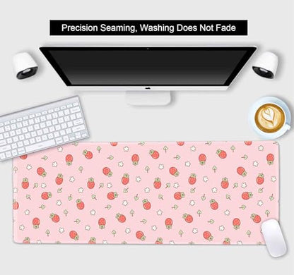 Pink Cute Desk Mat, Strawberries Mouse Pad XL, Aesthetic Hearts Desk Pad, Pastel Kawaii Deskmat, Laptop Office Gaming Computer Home Mice Mat Mousepad Stylish Office Gift, 31.5 X 11.8 Inch - color: Pastel Strawberry