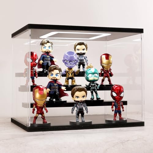 Clear Acrylic Display Case with Light , 4 Tier Display Box Stand Assembly Dustproof Protection Showcase for Collectibles Action Figures (Black 12.6×12.2×11.8in; 32×31×30cm) - color: Black With Light, size: 4 Tier 12.6×9.6×10.6in；32×24.5×27cm
