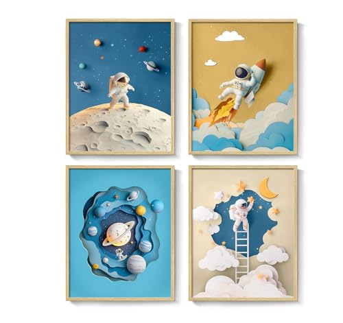 Framed Space Astronaut Wall Art for Nursery Decor, 4 Piece Outer Space Themed Canvas Art Prints Paintings, Planet Rocket Pictures for Bedroom, Kids Room, Baby Room, Boys Room, Bathroom Wall Decor - color: 4 Pieces-Planet, size: 11"W x 14"H x 4Pcs