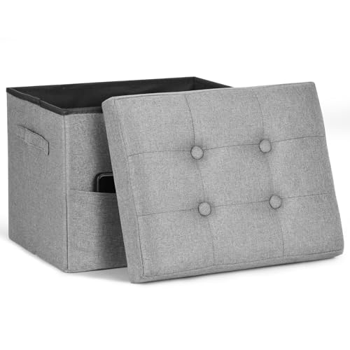 Folding Storage Ottoman, Linen Footstool Bench with Thicker Foam Padded Seat. Ottoman Foot Rest for Living Room, Bedroom, Home Office, Coffee Table. 350lbs Load Capacity, 17x13x13in, Light Gray - color: Light Gray, size: 17"D x 13"W x 13"H